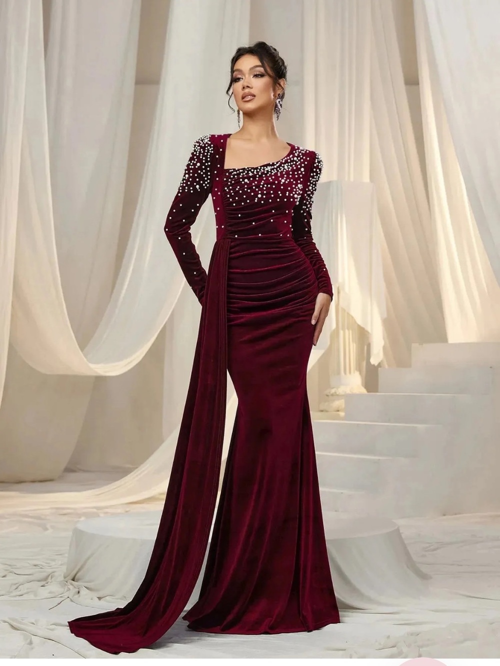 Pearl-Embellished Burgundy Velvet Long-Sleeve Gown